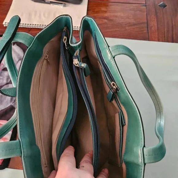 Aqua Vegan Leather  Tote Shoulder Bag with Lots of Pockets - Medium Size - Picture 13 of 16